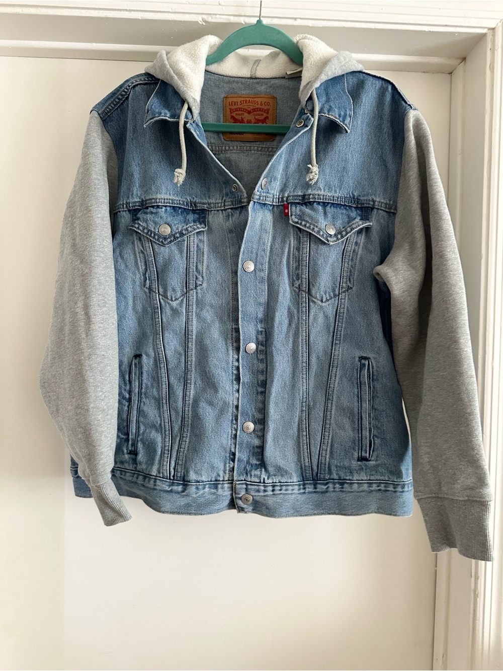 Levi's Light Blue Denim Jacket with Gray Hoodie Sleeves